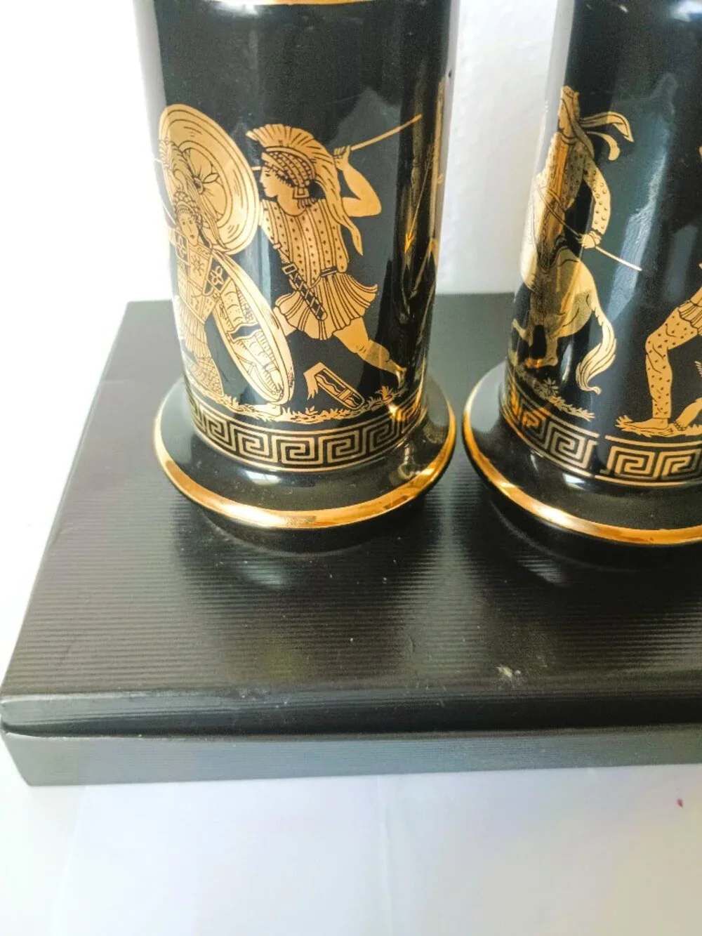 Greek Key Salt & Pepper Shakers Vintage Black with 24K Gold Trim